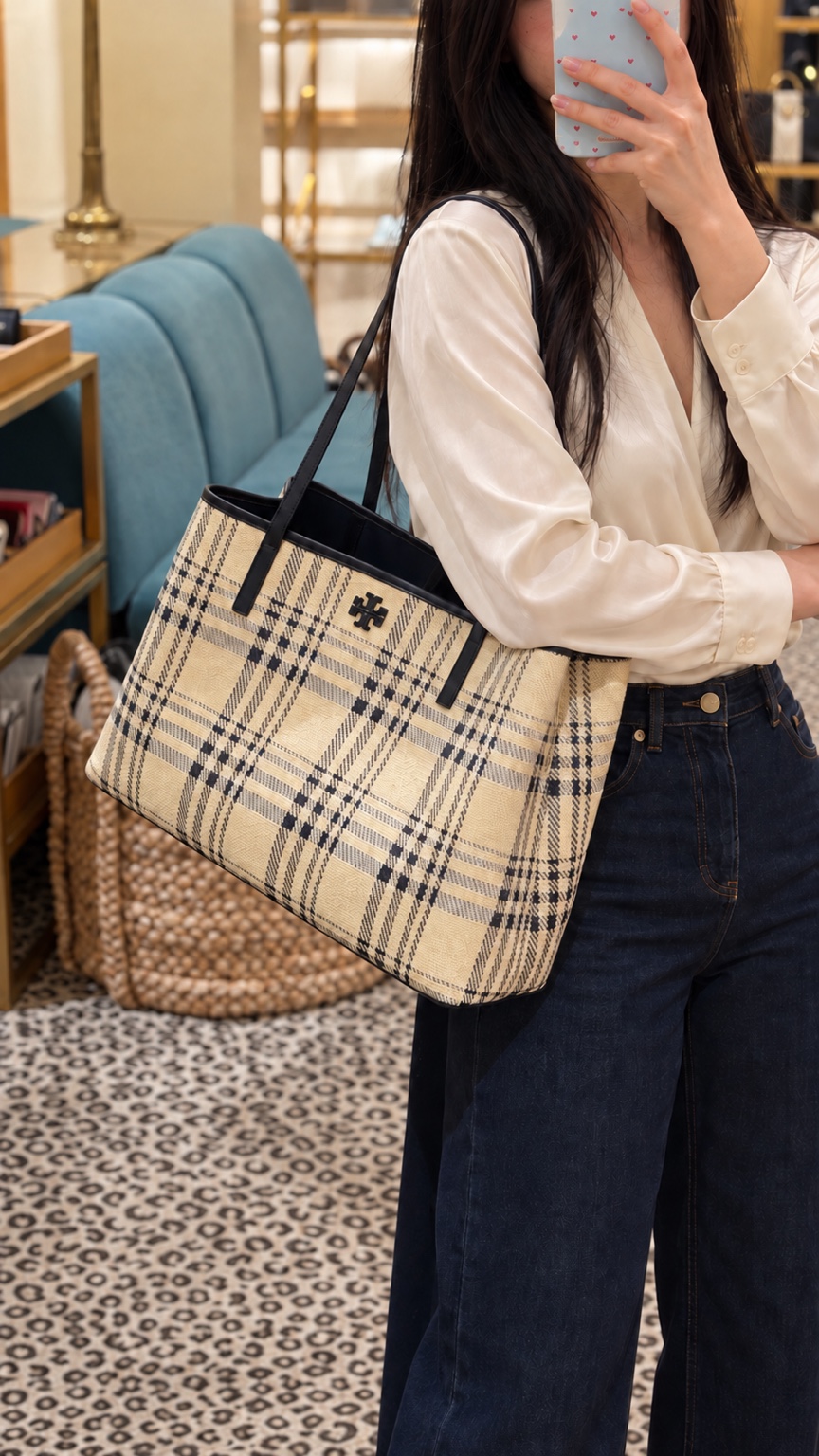 Tory Burch Large Plaid Tote – Beige and Black