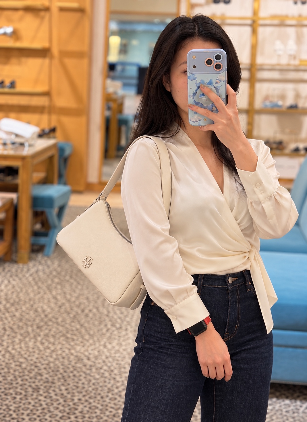 Tory Burch Pebbled Two-Strap Shoulder Bag – Cream