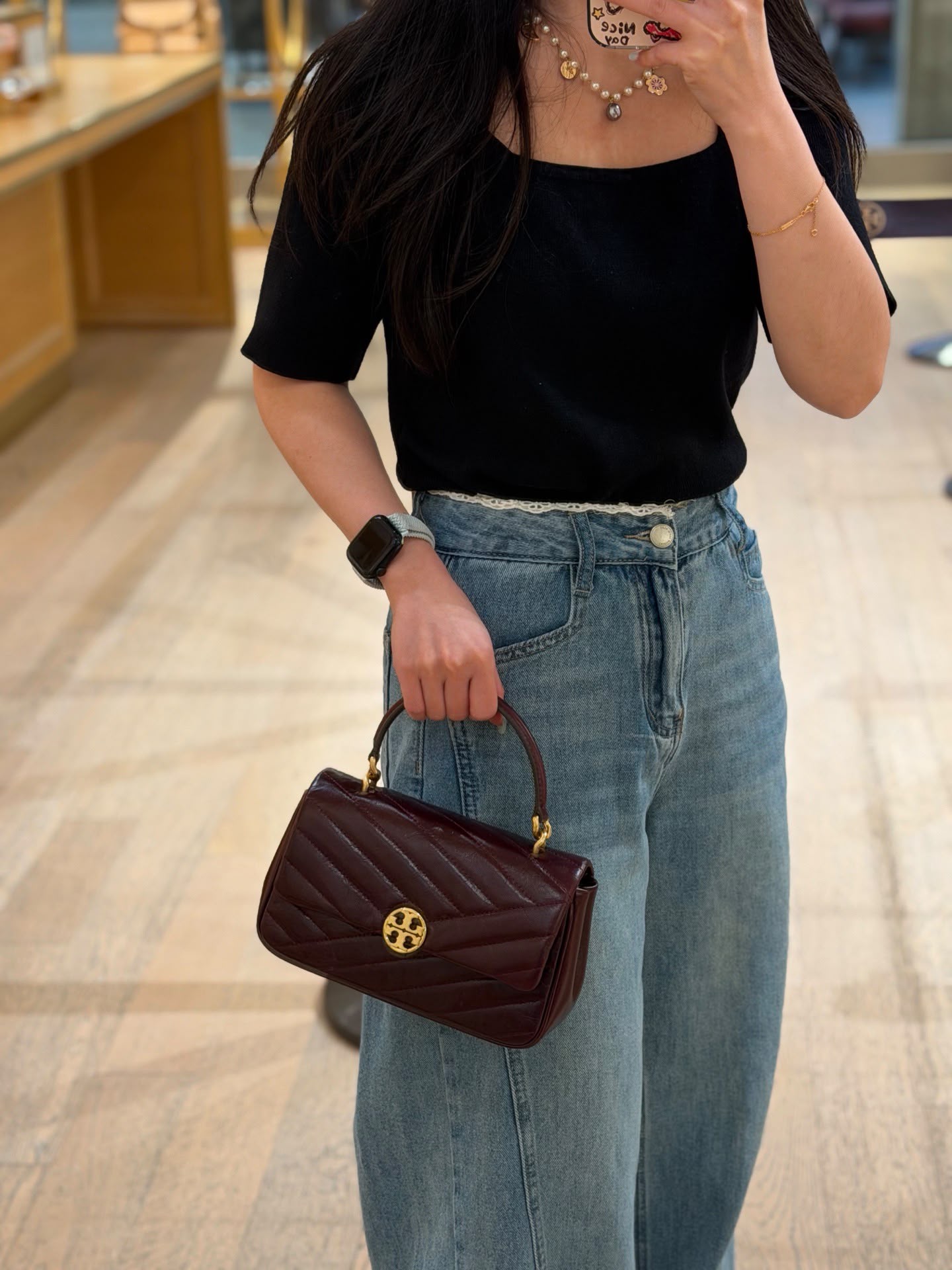 Tory Burch Chevron Quilted Top-Handle Bag – Burgundy